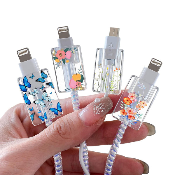Cute Floral Cable Protector for iPhone Charger, Red Rose Wild Flower Bouquet Butterfly Cherry Blossoms Pattern, 4 pcs