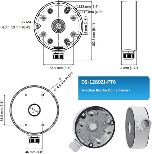 DS-1280ZJ-PT6 Water-Proof Junction Box Mount Bracket for Bullet&Dome Cameras, Compatible with Hik DS-1280ZJ-DM21