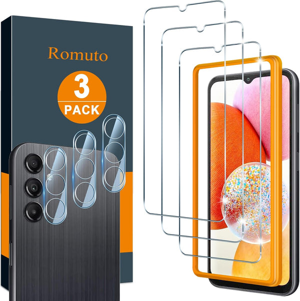 Romuto 3+3 Pack Samsung Galaxy A14 5G Screen Protector, 9H Tempered Glass, Ultra HD, Scratch Resistant, Easy Install.