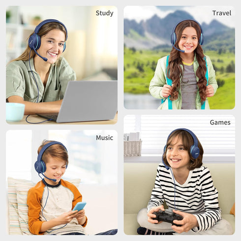 SIMOLIO Wired Headphones for School with Microphone, Stereo Kids Headphone with Volume Limiter for K12 & E-Learning