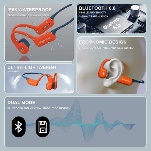 6.0 Swimming IP68 32GB MP3 Bluetooth Headphones, Waterproof Bone Conduction Headphones, Liquid Silicone Wireless Open