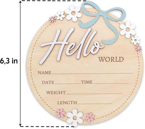 6 Inch Wooden Baby Announcement Sign Round Birth Stat Plaque with Floral and Bow Design (Blue)