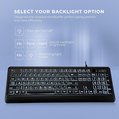 Large Print Backlit Keyboard, Quiet USB Wired Computer Keyboard, Full Size with White Illuminated LED for Windows