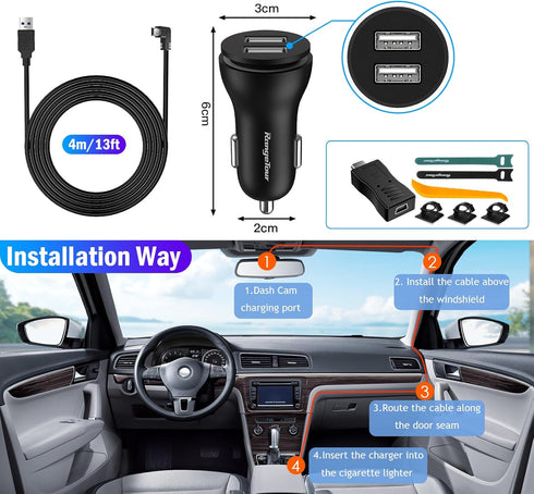 Dash Camera Car Charger, Dual USB Ports Mini/Micro USB Interfaces, Universal Car Adapter Power Cord 4m/13.12ft