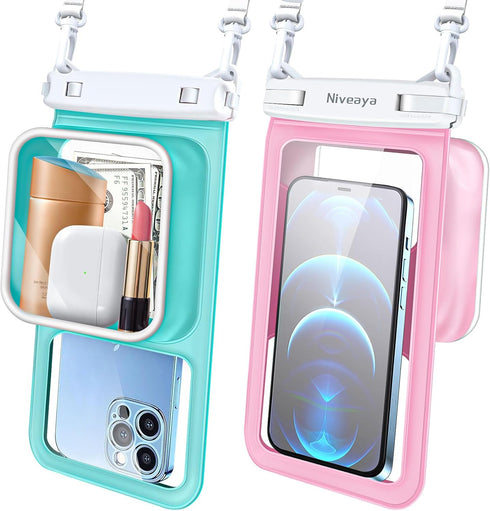 Niveaya Floatable Waterproof Phone Pouch 2 Pack, Large Space Adjustable Neck Lanyard, Phone Dry Bags for Beach Travel