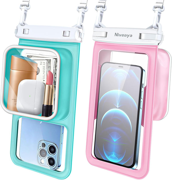 Niveaya Floatable Waterproof Phone Pouch 2 Pack, Large Space Adjustable Neck Lanyard, Phone Dry Bags for Beach Travel
