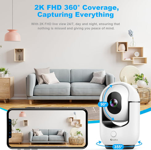 Cloarks 2K 2-Way 24/7, 2 Pack Pan/Tilt Security Camera, WiFi Indoor Cameras for Home Security with AI Motion Detection