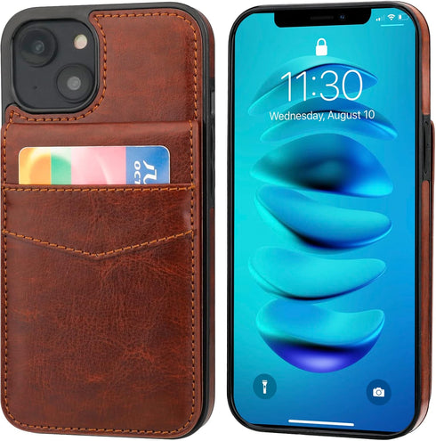 KIHUWEY Wallet Case for iPhone 14, Premium Leather with Credit Card Holder, Flip Magnetic Clasp, Brown