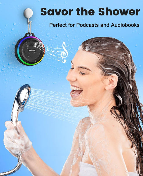 Kunodi Bluetooth Shower Speaker, IPX7 Waterproof, Dynamic Lights, Crisp Clear Sound, True Wireless Stereo, Portable for