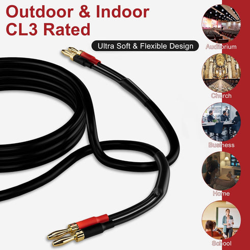 Speaker Cable Wire 30 Ft - Gold-Plated Banana Tip Plugs, UL CL3 Rated, Flexible 16 AWG Gauge Tinned Copper