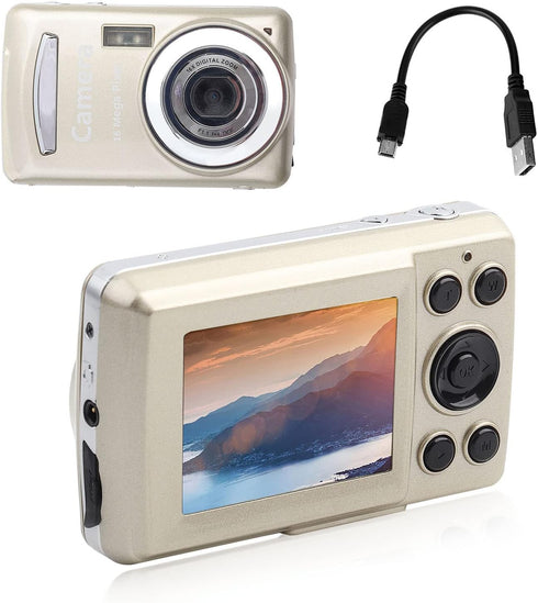Mini Video Camera with 2.4 Inch LCD Screen, 1600W Full HD Compact Camera, 4X Digital Zoom, Golden