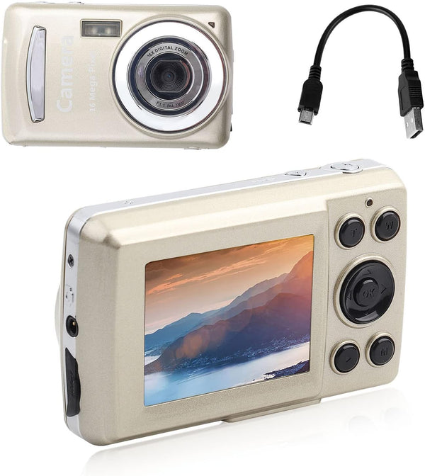 Mini Video Camera with 2.4 Inch LCD Screen, 1600W Full HD Compact Camera, 4X Digital Zoom, Golden