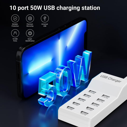 USB Charging Station 50W 10A, 10-Port USB Charger, Multiport USB Charger Station Hub, Compatible with iPhone, Galaxy,
