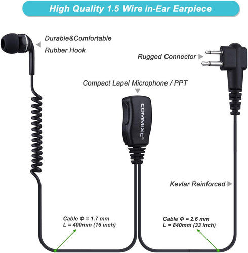2-Pack Walkie Talkie Earpiece with PTT Mic, 2.5mm/3.5mm 2-Pin Headset for Motorola Two-Way Radios.
