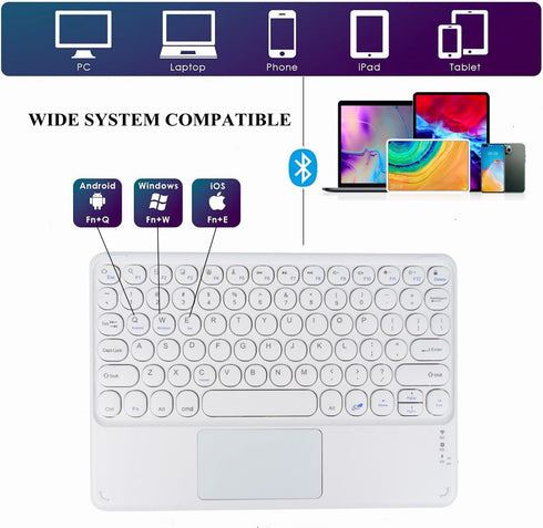 Wireless Bluetooth Keyboard - 10 inch Portable Rechargeable Keyboard with Touchpad for iOS/Android/Windows, White