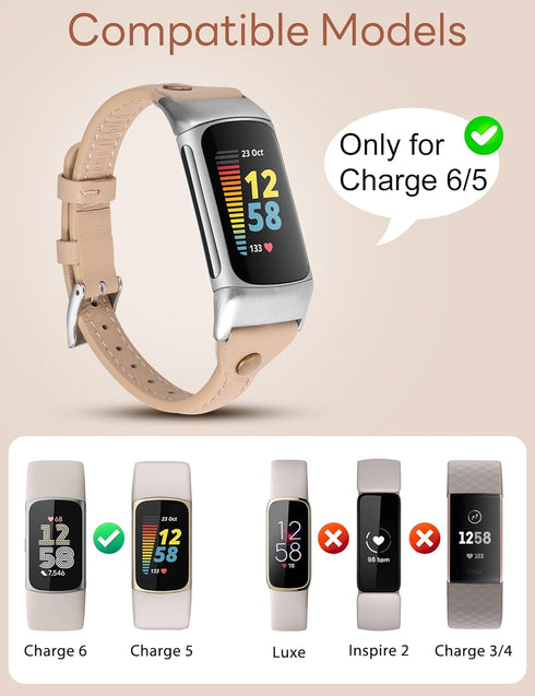 Wearlizer Leather Band Compatible with Fitbit Charge 5/6, Slim Replacement Wristband Accessories for Women Men