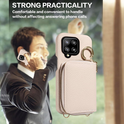 Furiet Wallet Case for Samsung Galaxy A12/M12, Shoulder Strap Ring Buckle, Luxury PU Leather Zipper Flip Organ Purse