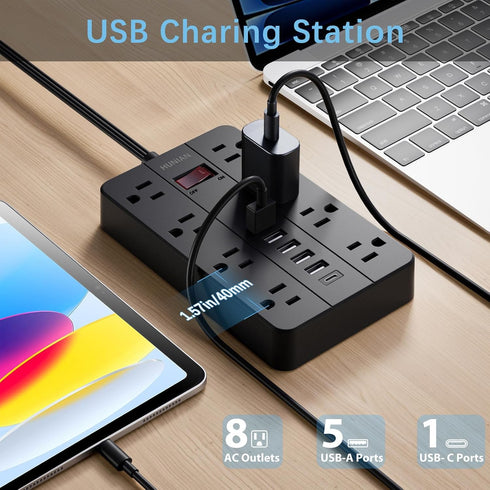 HUNIAN 5 8 6 Charger(1 Power Strip with USB Ports, Ft Extension Cord Flat Plug with Outlets, USB USB C Port), Indoor