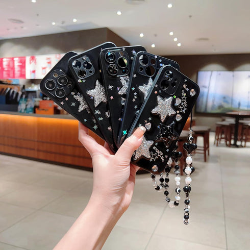 Cute 3D Bling Glitter Case for iPhone 11, White Black Stars with Pearl Bracelet Chain Design