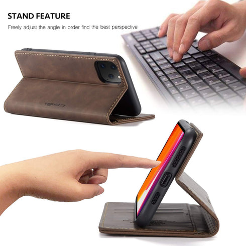 SINIANL iPhone 11 Pro Wallet Case, Leather Flip Case with Kickstand, Credit Card Slot, Magnetic Closure, Coffee