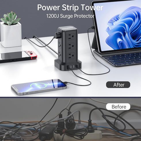 Surge Protector Power Strip Tower, 10FT Extension Cord with 12 AC and 4 USB Ports, Mini Power Strip for Office