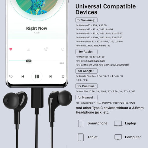 USB C Headphones for iPhone 15 Pro Max, iPad Pro, Samsung Galaxy S24 Ultra, Wired Earbuds with Microphone