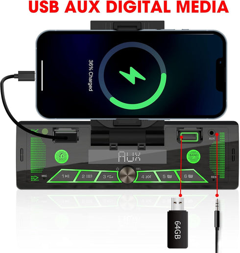 Single-Din Stereo with Car Phone Holder, Bluetooth Car Radio, Push to Talk Assistant, Multi Color LCD AM FM Tuner, AUX