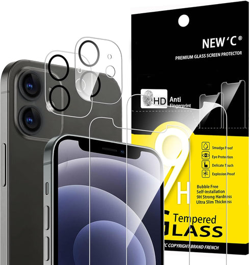 NEW'C 4 Pack, 2 Pack Screen Protector for iPhone 12 Mini + 2 Pack Camera Lens Protector, Case Friendly, Sensor