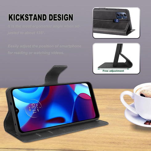 Motorola Moto G Pure Leather Flip Case - Wallet Black Phone Case with Card Holder Kickstand Magnetic Closure for Moto G