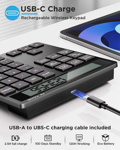 Awelbuy 34-Key Rechargeable Wireless Number Pad for Laptop, Dual Bluetooth Number Keypad with Calculator Display