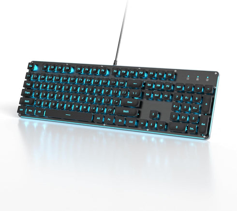 Owpkeenthy Black Full-Size Computer Keyboard, Quiet Ice Blue Backlit Typewriter Gaming Keyboard with Cool Square Punk