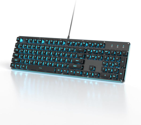 Owpkeenthy Black Full-Size Computer Keyboard, Quiet Ice Blue Backlit Typewriter Gaming Keyboard with Cool Square Punk