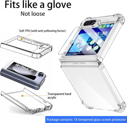 for Samsung Galaxy Z Flip 6 Clear Case with Tempered Glass Screen Protector, Slim Fit Shockproof Cover