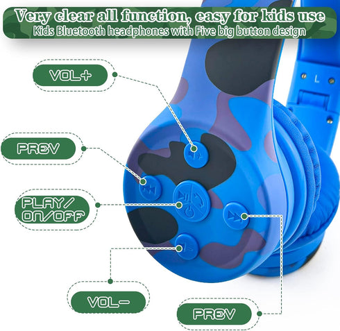 Toddler Wireless Headphones, Kids Camo Bluetooth Headphones, 15 Hours Playtime, Foldable with Built-in Mic, Blue Camo