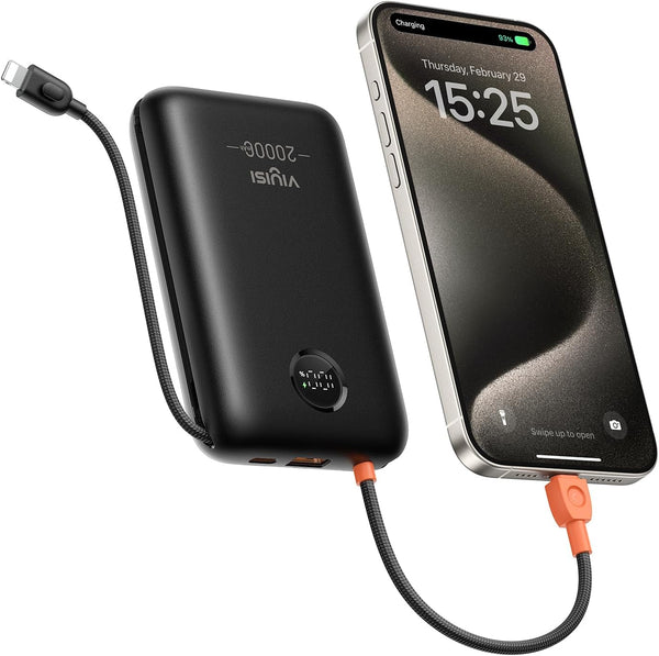 Power Bank 20000mAh, 30W Fast Charging Portable Charger with Built-in Cables & LED Display for iPhone, Samsung, Android