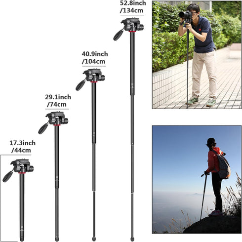 NEEWER Portable Aluminum Alloy 2 in 1 Tripod Monopod, Max 70"/177cm with 3 Way Swivel Pan Head, Carrying Bag