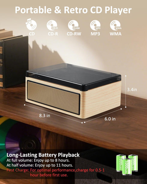 Gelielim Retro CD Player Boombox, Desktop CD Player with Bluetooth in/Out, Rechargeable Battery, HiFi Speakers, Wooden