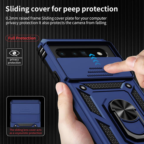 Military Grade Drop Protection Case for Google Pixel 6 Pro, with Slide Lens Cover and Magnetic Ring Holder (Navy Blue)