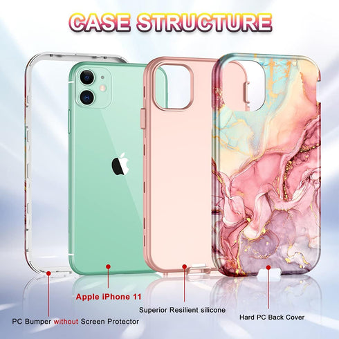 CASEFIV iPhone 11 Case, Rose Gold Marble Pattern, 3-in-1 Heavy Duty Shockproof, Full Body Rugged PC+Soft Silicone Cover.