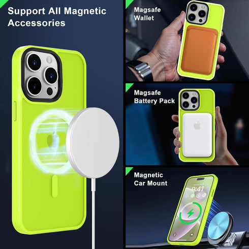 MOCCA Strong Magnetic iPhone 15 Pro Max Case, Fluorescent Green Slim Shockproof, 13FT Military Drop Protection