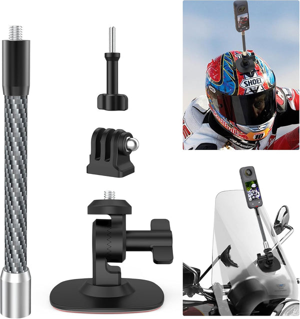 Flexible Adhesive Helmet Mount for insta360, Motorcycle Windscreen Camera Mount with Carbon Fiber Extension Rod