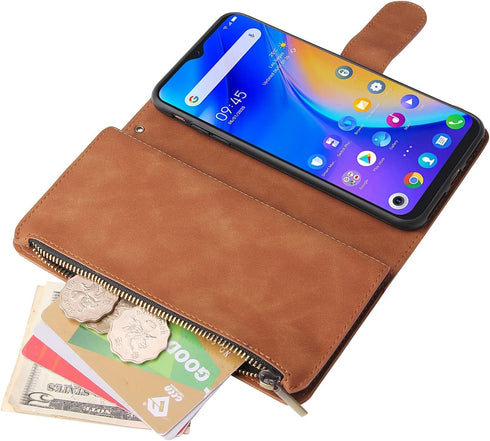 Asuwish Wallet Case for TCL 20 SE 6.82 with Tempered Glass Screen Protector, Flip Cover, Card Holder, Stand, Brown