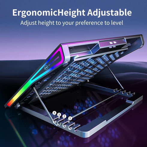 KeiBn Laptop Cooling Pad, Gaming Fan with 15 Quiet Fans, RGB Cooler for 10-17.3 Inch Laptops, 4 Height Stands