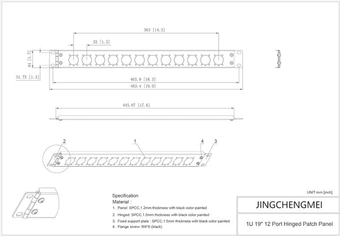 Jingchengmei 12 Port Hinged Patch Panel - 1U 19" Rack Mount D-Type Connectors, Black (H1U12D)