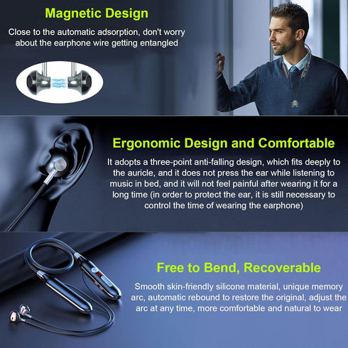 Wireless Bluetooth Neckband Headphone, Ergonomic Hanging Neck Magnetic Attraction Earphone with TF Port, Sports