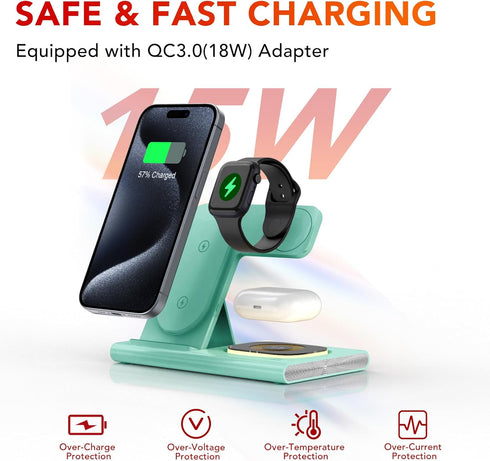 3 in 1 Foldable Charging Station for Apple Products, Fast Wireless Charger Dock for iPhone, iWatch, AirPods (Green)