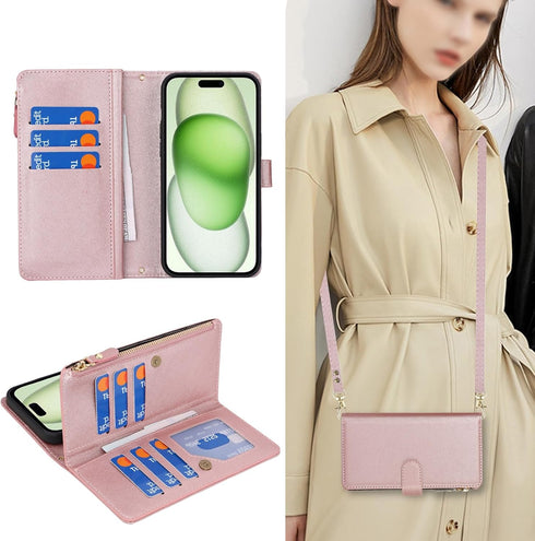 Jaorty for Apple iPhone 15 Plus Phone Wallet Case for Women with Card Holder,Crossbody iPhone 15 Plus Case with Strap Lanyard,Zipper Pocket Magnetic Flip Leather iPhone 15 Plus Case,6.7" Rosegold