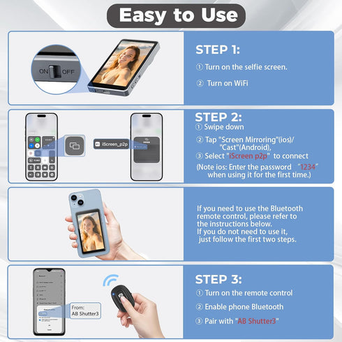 WIESKEN Selfie Monitor Screen iPhone & Android, Back Camera Monitor with Bluetooth Remote, Wireless Mirroring