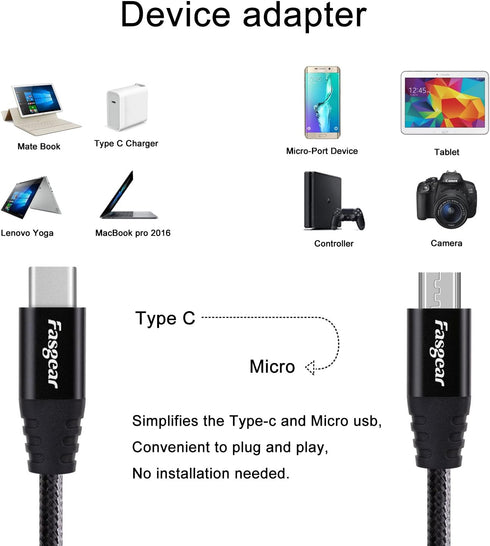 Fasgear USB C to Micro USB Cable 1m Nylon Braided Type C to Micro USB Cord Compatible with Galaxy S7/S6, HTC One/10 and More (Black, 3ft) by Fasgear