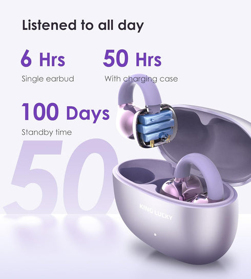 King Lucky Clip on Earbuds, Open Ear Wireless Bluetooth 5.4 Headphones with Mic, 50H Play, Waterproof, Sports (Purple)